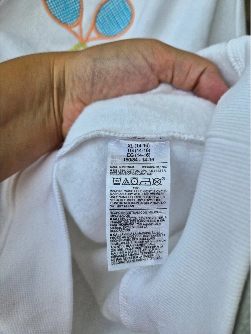 Old Navy Girls XL 14-16 White Tennis Racquet Embroidered Collared Sweatshirt